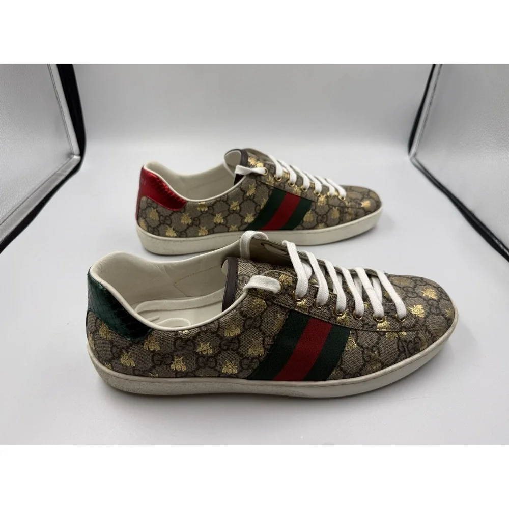 Gucci Ace Men's Sneakers GG Supreme Monogram Gold Bees Size Gucci 10 US 11 11.5
